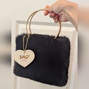 NWT little black faux fur bag gold handles Party Night out Dress up Luxury